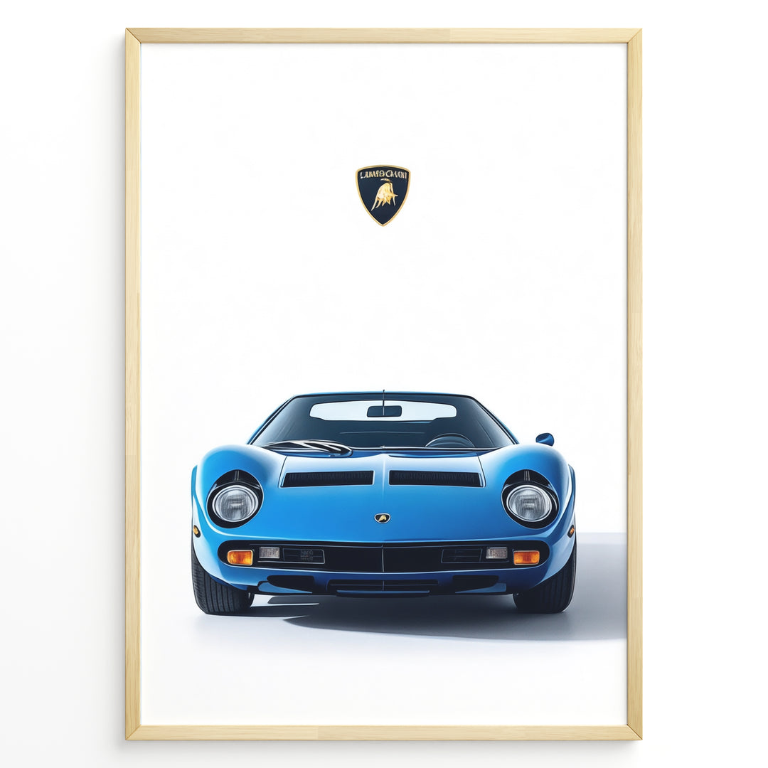 Blue Lamborghini Miura classic supercar front view poster illustration.