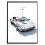 Indlæs billede til gallerivisning Illustration of a white Lamborghini Countach classic sports car on a minimal white background.
