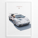Indlæs billede til gallerivisning Illustration of a white Lamborghini Countach classic sports car on a minimal white background.

