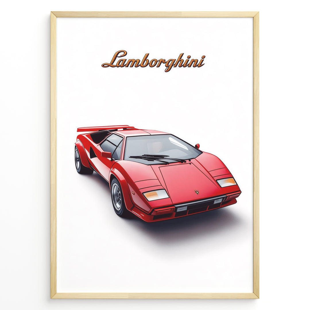 Red Lamborghini Countach classic supercar illustration front-angle poster.
