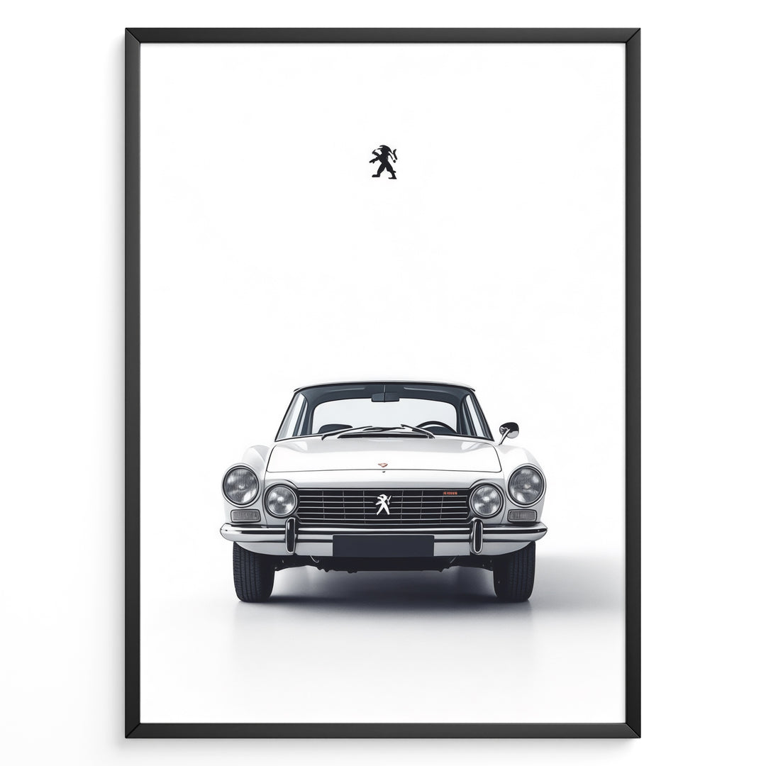 Classic white Peugeot car front view minimal poster design