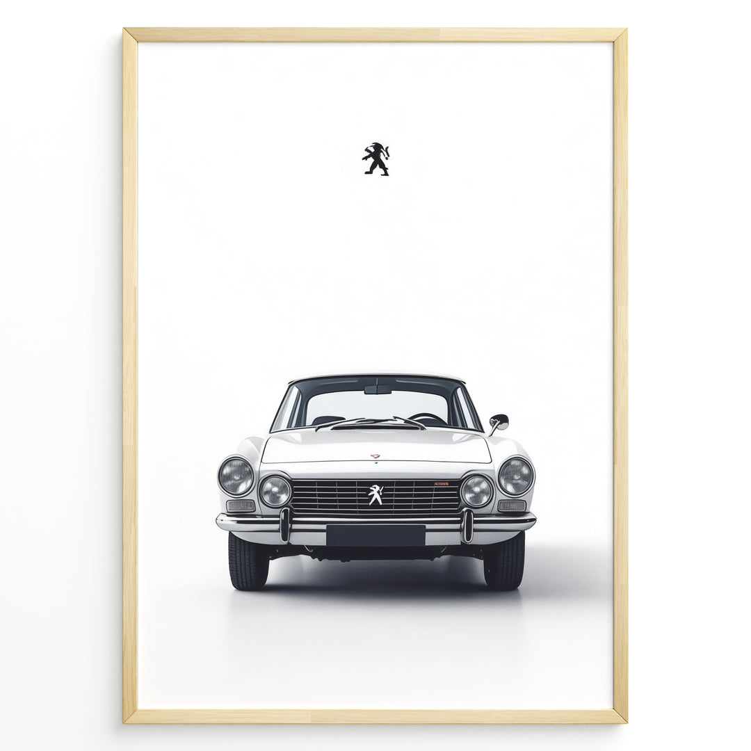 Classic white Peugeot car front view minimal poster design