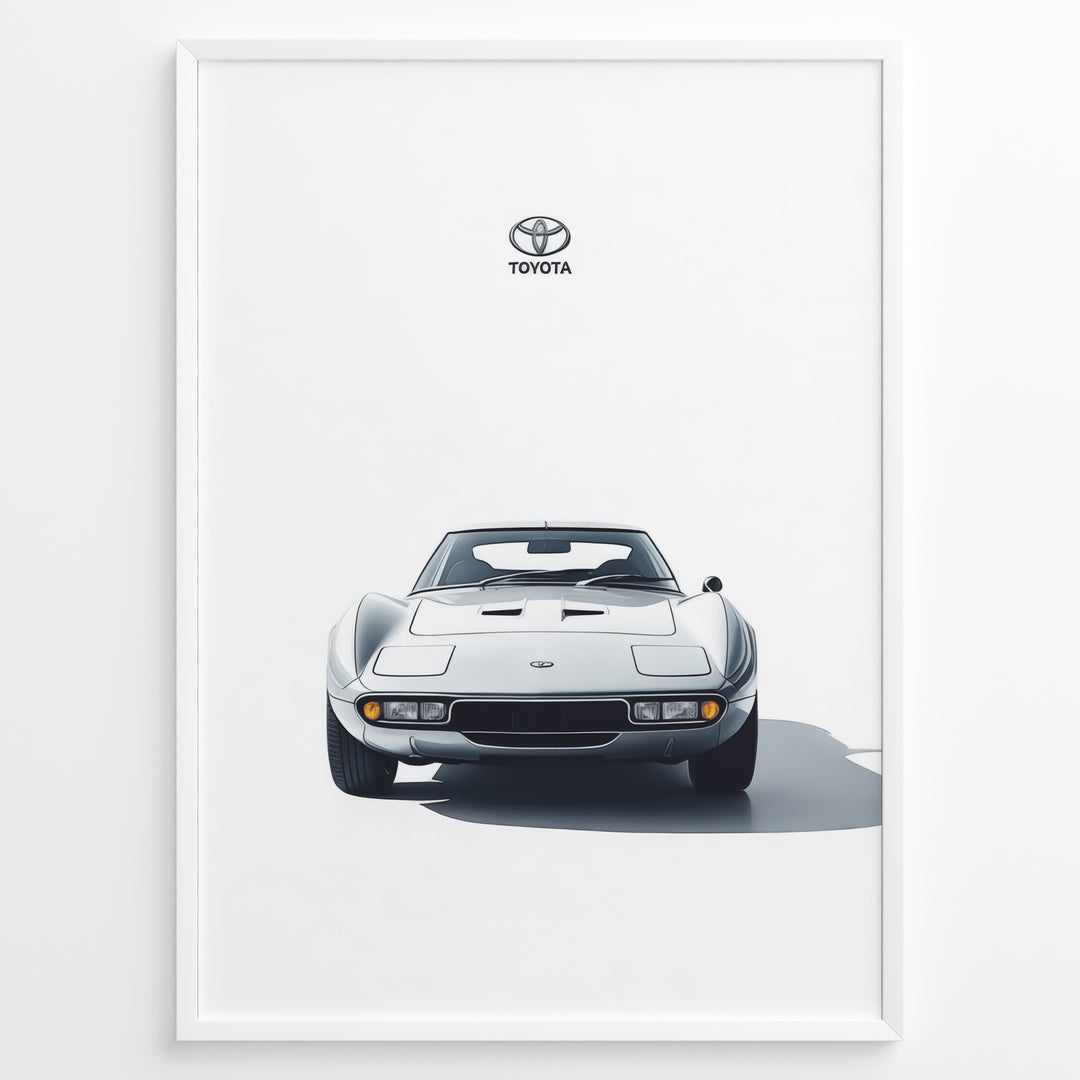 Front view illustration of a white Toyota 2000GT classic sports car on a minimal white background.