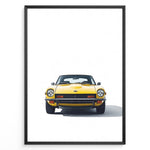 Indlæs billede til gallerivisning Illustration of a classic yellow sports car viewed from the front on a minimalist white background.
