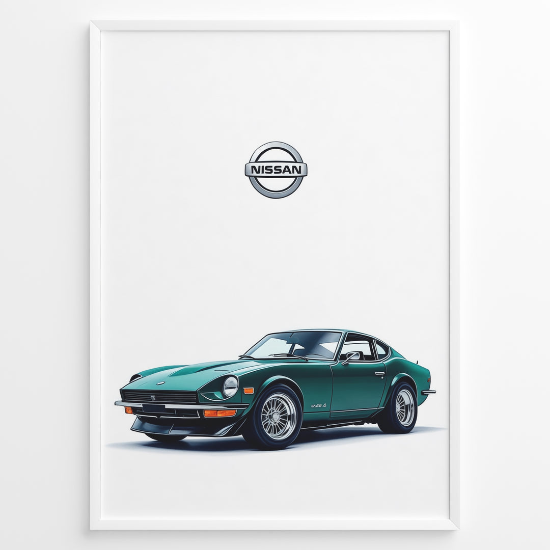 Illustration of a classic green Nissan sports car on a white background.