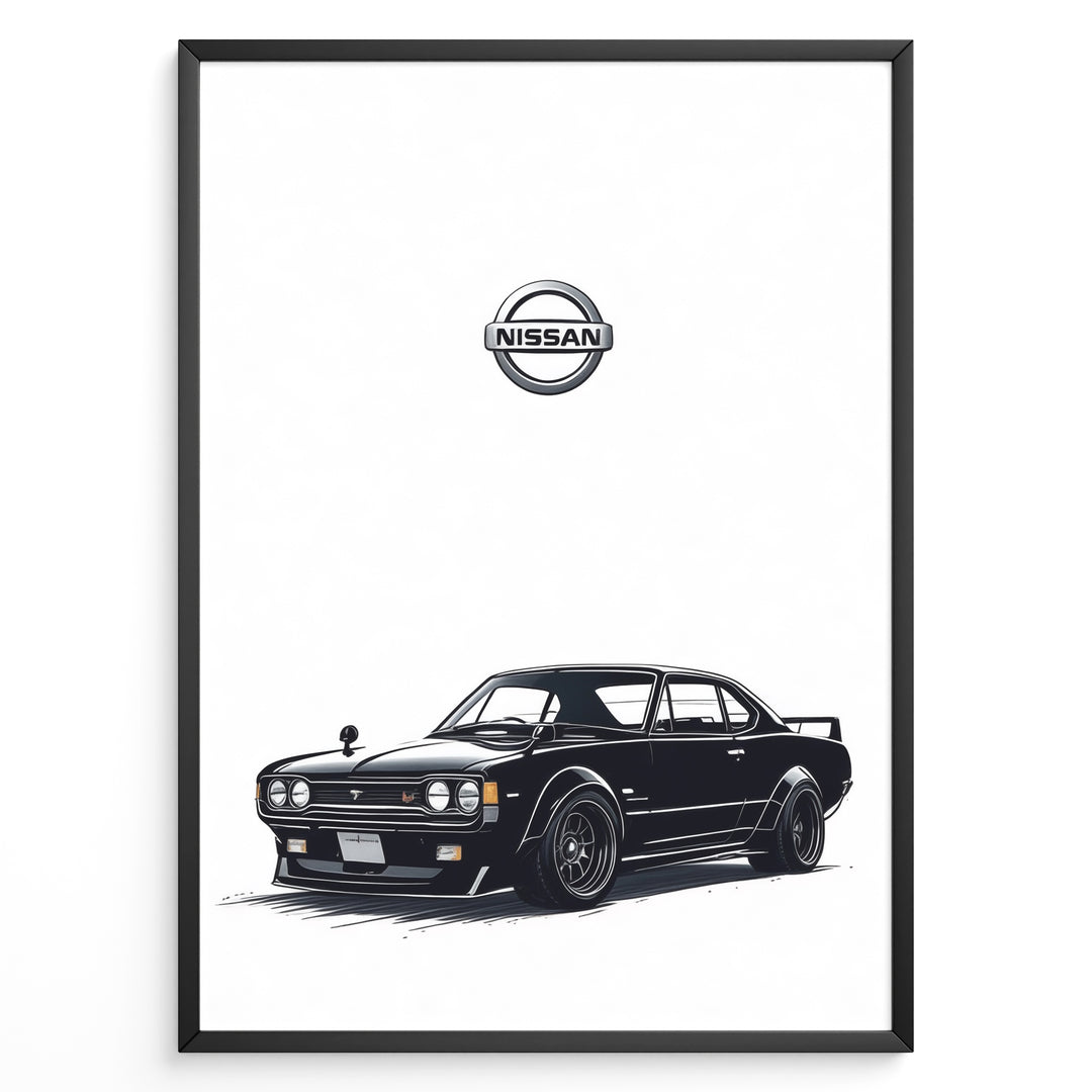Illustration of a black classic Nissan Skyline GT with Nissan logo above.