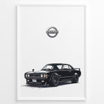 Indlæs billede til gallerivisning Illustration of a black classic Nissan Skyline GT with Nissan logo above.
