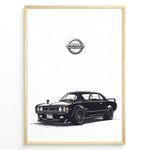 Indlæs billede til gallerivisning Illustration of a black classic Nissan Skyline GT with Nissan logo above.
