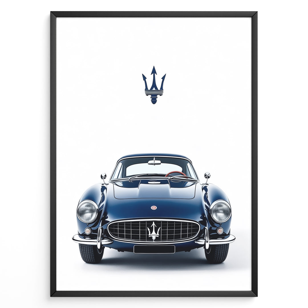 Illustration of a classic blue Maserati coupe viewed from the front with Maserati logo above.