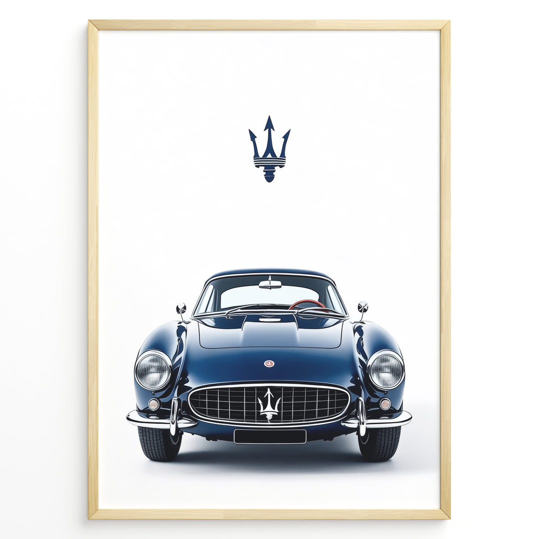 Illustration of a classic blue Maserati coupe viewed from the front with Maserati logo above.