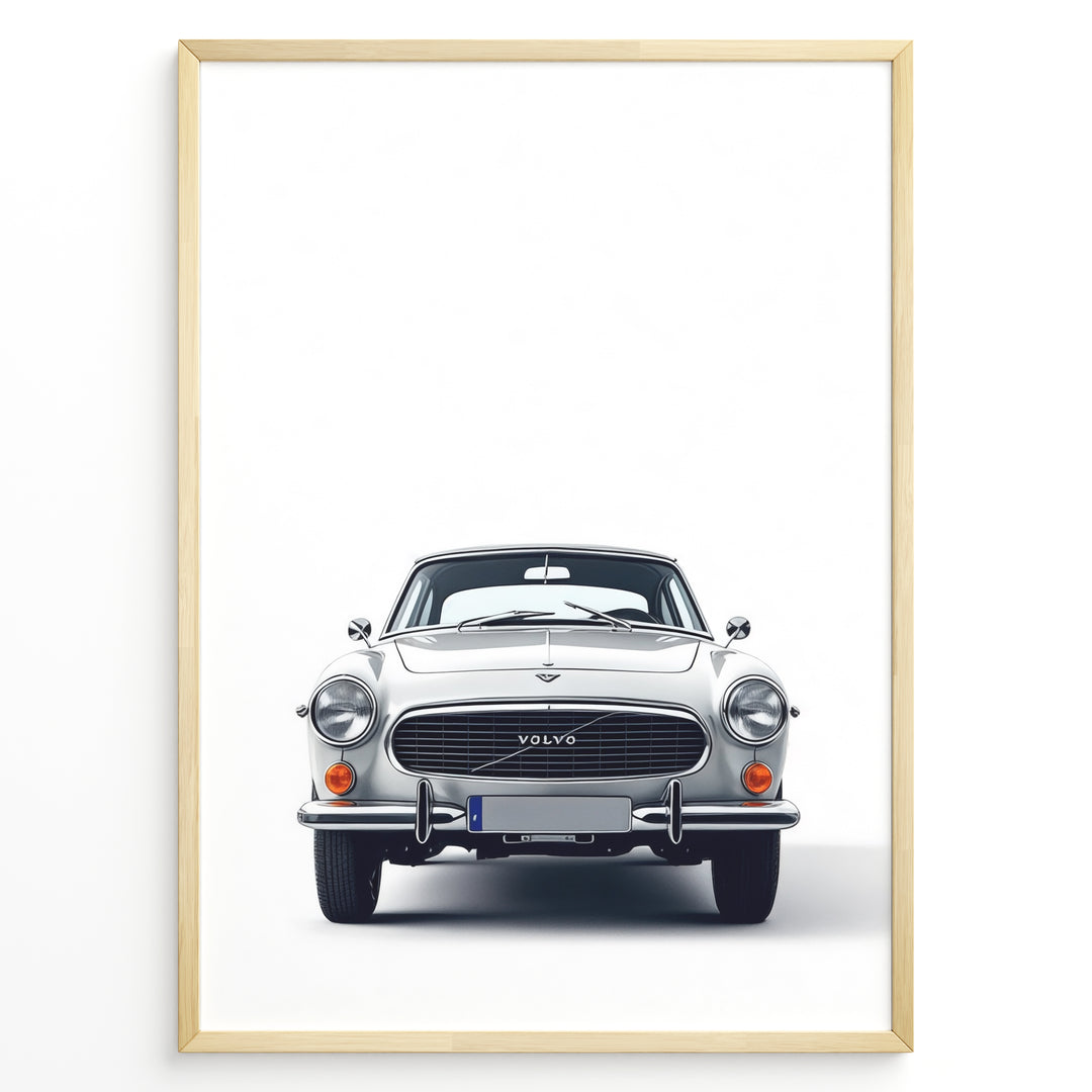 Front view illustration plakat of a classic Volvo P1800 car on a minimalist white background.