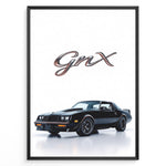 Indlæs billede til gallerivisning Illustration of a Buick GNX classic black muscle car with bold GNX text above.
