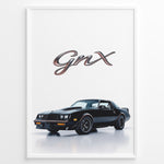 Indlæs billede til gallerivisning Illustration of a Buick GNX classic black muscle car with bold GNX text above.
