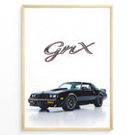 Indlæs billede til gallerivisning Illustration of a Buick GNX classic black muscle car with bold GNX text above.
