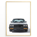 Indlæs billede til gallerivisning Front view illustration plakat of a black Buick GNX classic muscle car.
