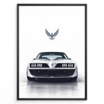 Indlæs billede til gallerivisning Illustration of a classic white Pontiac Trans Am viewed from the front with a bird emblem above.
