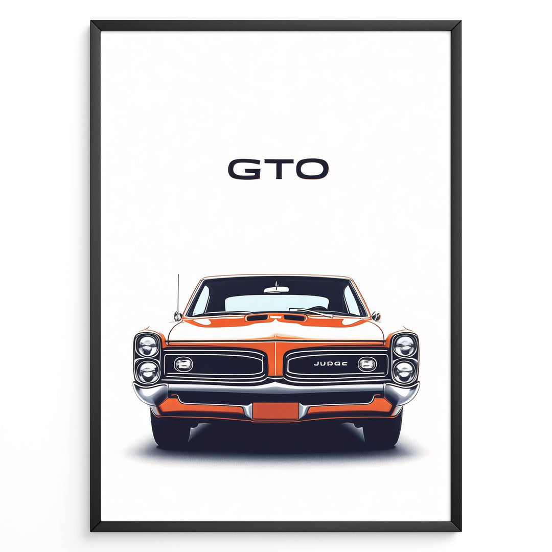 Front view illustration of a vintage Pontiac GTO Judge classic muscle car poster.
