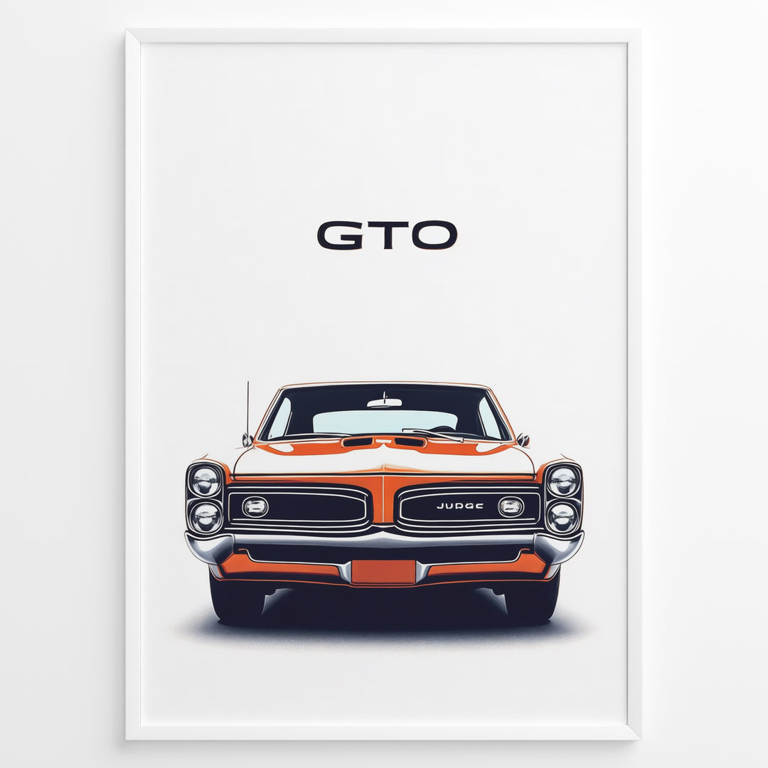 Front view illustration of a vintage Pontiac GTO Judge classic muscle car poster.