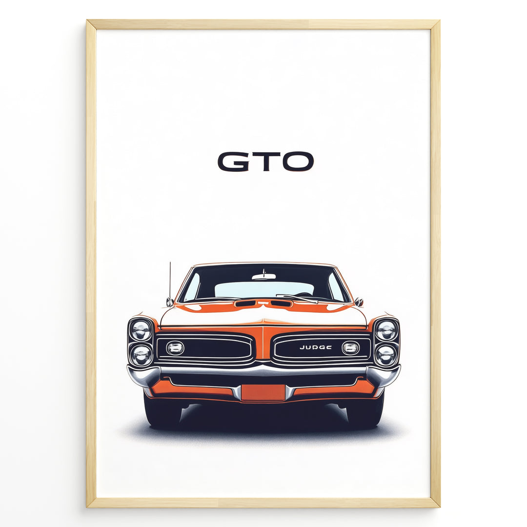 Front view illustration of a vintage Pontiac GTO Judge classic muscle car poster.