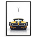 Indlæs billede til gallerivisning Yellow Pontiac GTO Judge vintage muscle car front view illustration poster.
