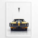 Indlæs billede til gallerivisning Yellow Pontiac GTO Judge vintage muscle car front view illustration poster.

