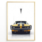 Indlæs billede til gallerivisning Yellow Pontiac GTO Judge vintage muscle car front view illustration poster.
