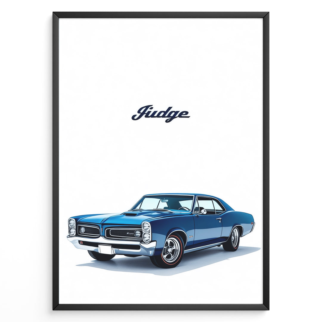 Illustration of a blue Pontiac GTO Judge classic muscle car on a white background.