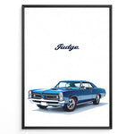 Indlæs billede til gallerivisning Illustration of a blue Pontiac GTO Judge classic muscle car on a white background.
