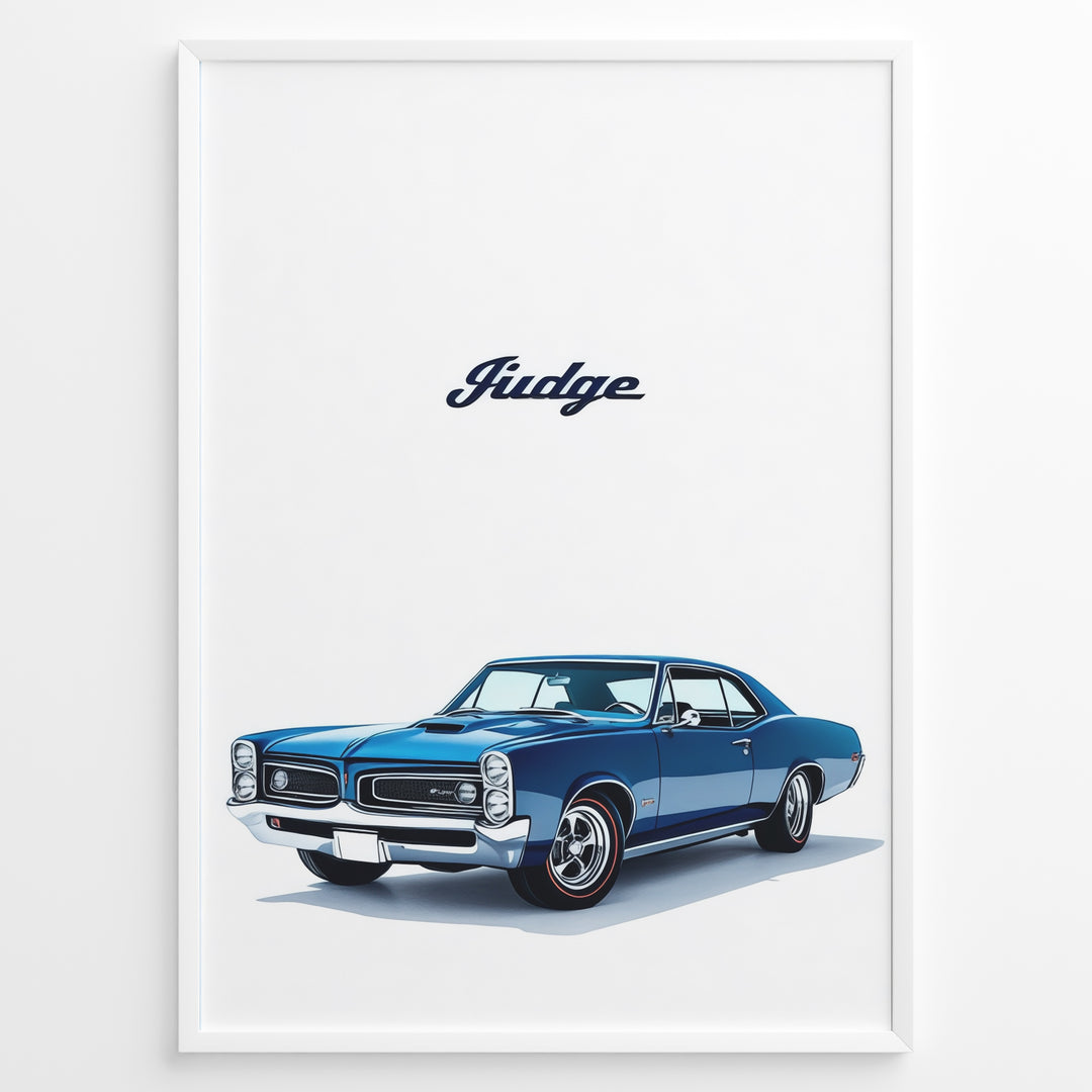 Illustration of a blue Pontiac GTO Judge classic muscle car on a white background.