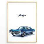 Indlæs billede til gallerivisning Illustration of a blue Pontiac GTO Judge classic muscle car on a white background.
