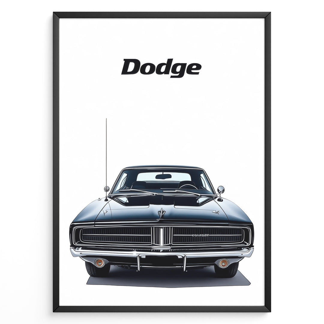 Front view illustration of a classic black Dodge Charger car.
