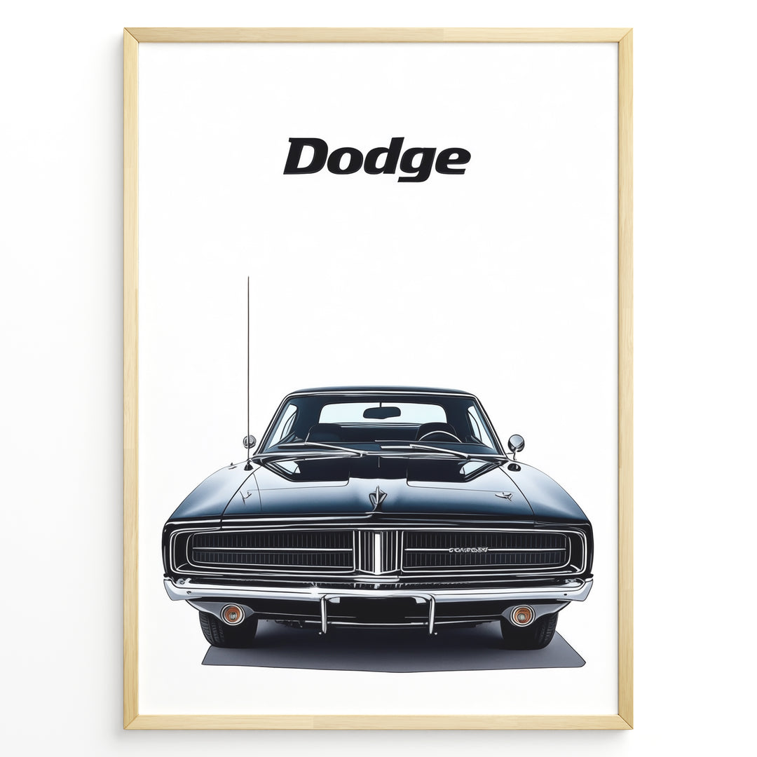 Front view illustration of a classic black Dodge Charger car.