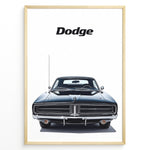 Indlæs billede til gallerivisning Front view illustration of a classic black Dodge Charger car.
