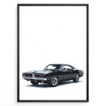 Indlæs billede til gallerivisning Front-angled illustration of a black classic Dodge Charger muscle car on a white background.
