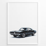 Indlæs billede til gallerivisning Front-angled illustration of a black classic Dodge Charger muscle car on a white background.
