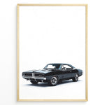 Indlæs billede til gallerivisning Front-angled illustration of a black classic Dodge Charger muscle car on a white background.

