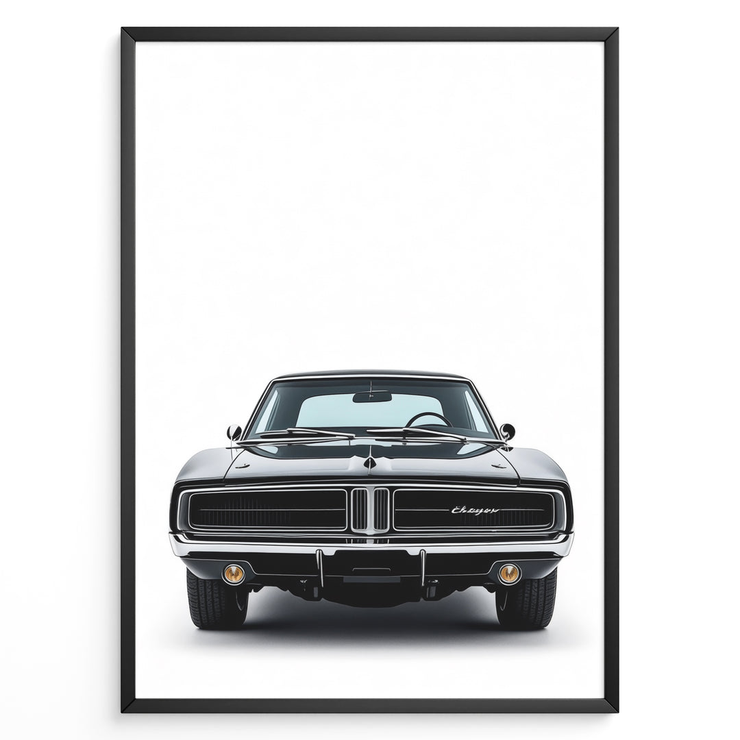 Front view illustration of a classic black Dodge Charger car.