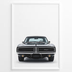 Indlæs billede til gallerivisning Front view illustration of a classic black Dodge Charger car.
