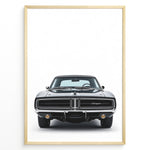 Indlæs billede til gallerivisning Front view illustration of a classic black Dodge Charger car.
