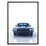 Indlæs billede til gallerivisning Front view illustration of a classic Dodge Challenger muscle car in blue.
