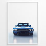 Indlæs billede til gallerivisning Front view illustration of a classic Dodge Challenger muscle car in blue.
