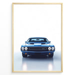 Indlæs billede til gallerivisning Front view illustration of a classic Dodge Challenger muscle car in blue.
