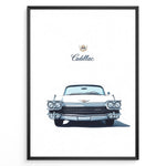 Indlæs billede til gallerivisning Front-view illustration of a vintage white Cadillac convertible on a minimalist poster.
