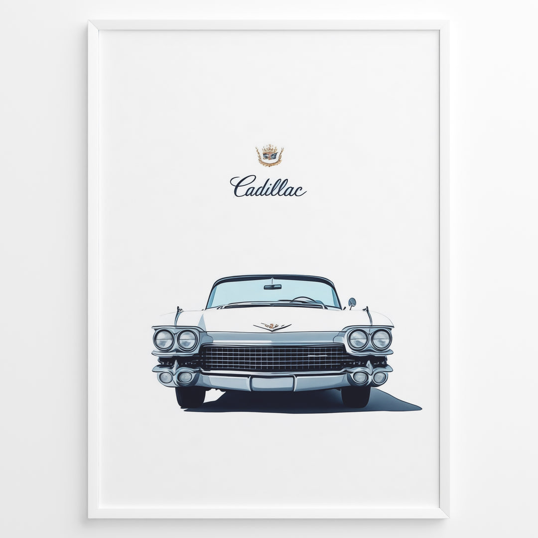 Front-view illustration of a vintage white Cadillac convertible on a minimalist poster.