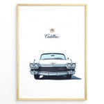 Indlæs billede til gallerivisning Front-view illustration of a vintage white Cadillac convertible on a minimalist poster.
