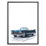 Indlæs billede til gallerivisning Illustration of a classic blue vintage convertible car in a minimalist framed poster.

