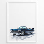 Indlæs billede til gallerivisning Illustration of a classic blue vintage convertible car in a minimalist framed poster.
