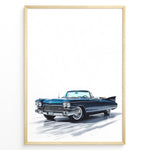 Indlæs billede til gallerivisning Illustration of a classic blue vintage convertible car in a minimalist framed poster.
