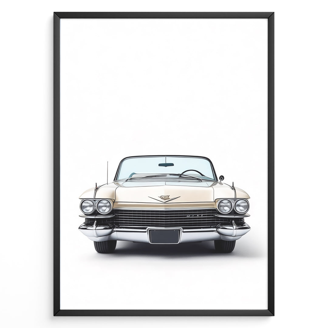 Front-facing illustration of a classic beige convertible car in a minimalist framed poster.