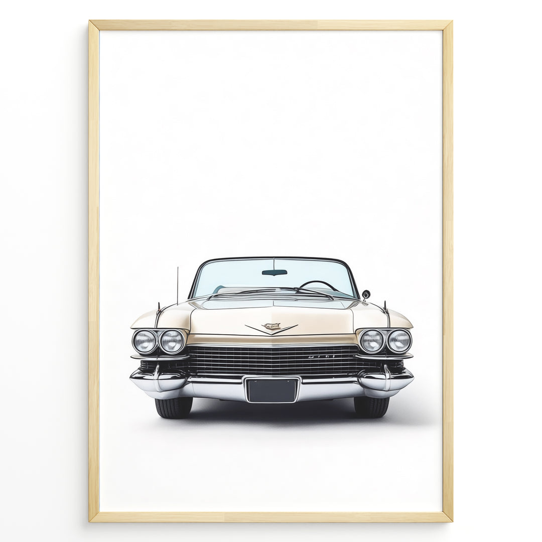 Front-facing illustration of a classic beige convertible car in a minimalist framed poster.